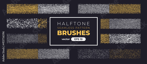 Halftone grain pattern brushes. Grunge noise texture set. Vector illustration eps10. Creative artistic brush collection. Basic kit. Ink paint strokes.