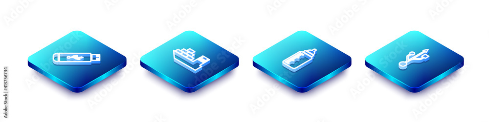 Set Isometric line USB flash drive, Cargo ship, Baby bottle and icon. Vector.