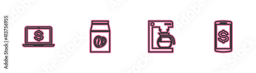 Set line Laptop with dollar, Coffee machine pot, beans bag and Smartphone icon. Vector.