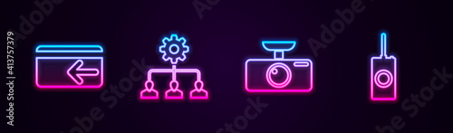 Set line Cash back, Lead management, Car DVR and Remote control. Glowing neon icon. Vector.