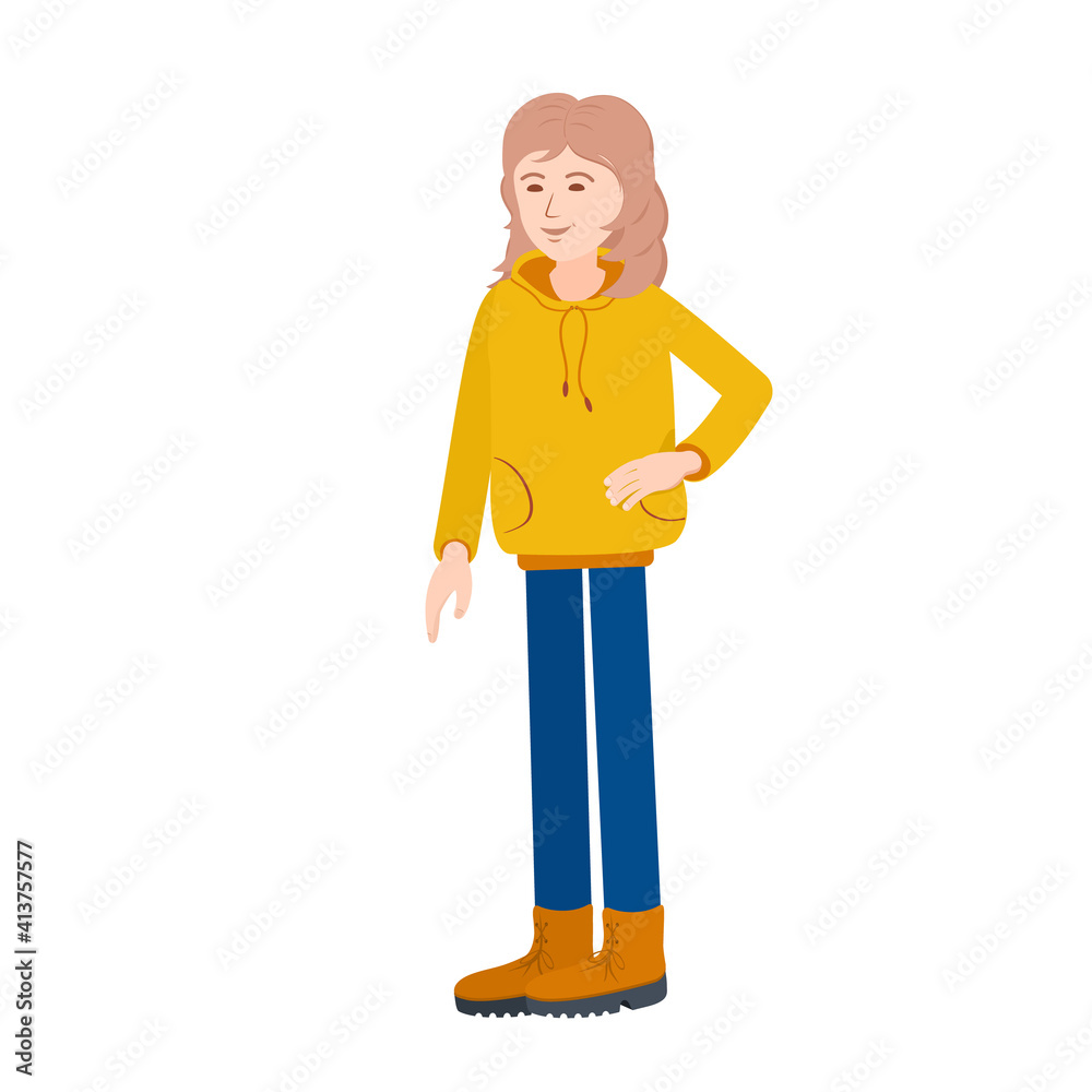 A young blonde. A woman in sports clothes and boots. Vector image of a woman for animation. Editable strokes. All the details are on separate layers. A young blonde. A woman in sports clothes and boots. Vector image of a woman for animation. Editable strokes. All the details are on separate layers.