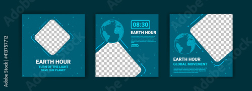 Collection of social media posts for the earth hour. Campaign for climate change awareness by turning off unused lights and electronic equipment for 1 hour.