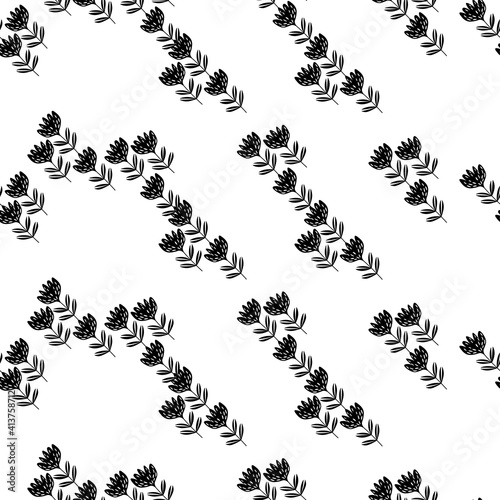 Seamless floral pattern based on traditional folk art ornaments. Black flowers on white background. Scandinavian style. Sweden nordic style. Vector illustration for fabric, textile, wallpaper.