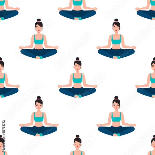 Young Woman Doing Yoga, Meditating Seamless Repeat Vector Pattern. Yoga Pattern.