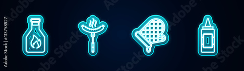 Set line Ketchup bottle, Sausage on the fork, Oven glove and Mustard. Glowing neon icon. Vector.