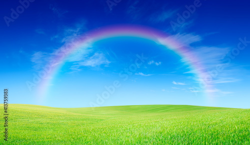 Idyllic view, rainbow over green field