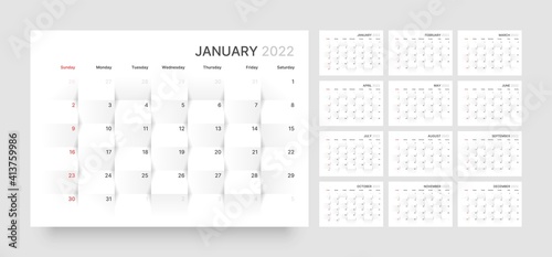 Wall calendar template for 2022 year. Planner diary with 3d paper background. Week Starts on Sunday. Monthly calendar ready for print.