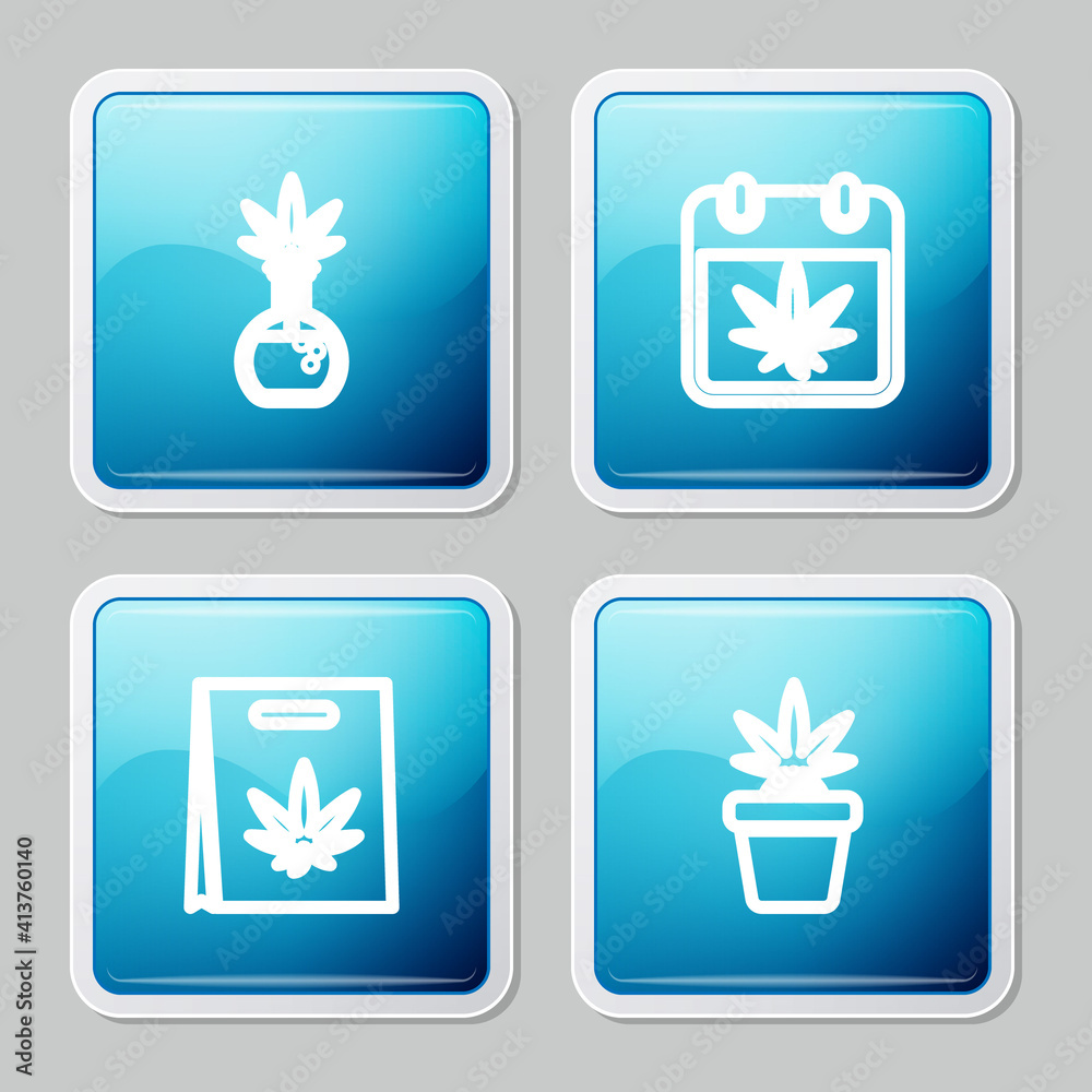 Set line Test tube with marijuana, Calendar and, Shopping bag of and Marijuana plant pot icon. Vector.