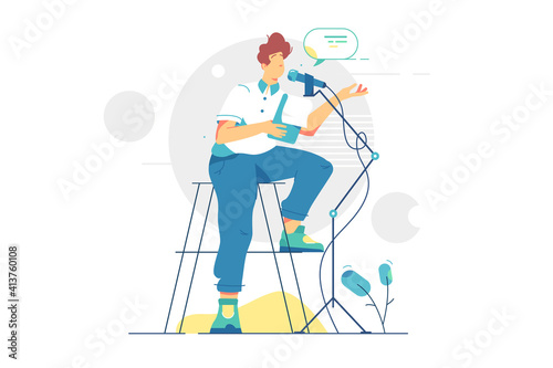 Man podcaster recording audio podcast vector illustration. Joyful person on radio, media broadcasting flat style. Webinar, online training, tutorial podcast concept. Isolated on white background