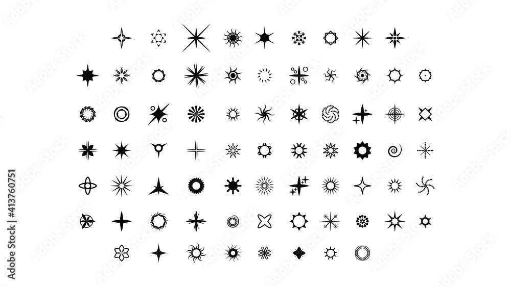 Fototapeta premium Big Set Black Collection Star Icons Sparkles Vector Symbols Shine Elements