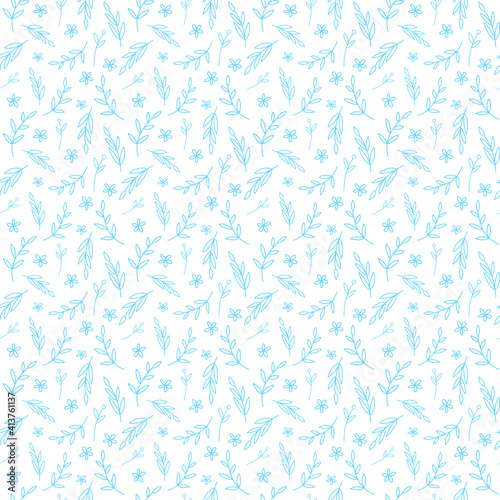 Vector blue doodle leaves seamless pattern. Outline floral print on white background. Botanical line art ornament for wallpaper  wrapping paper  textile  fabric  design and decoration.