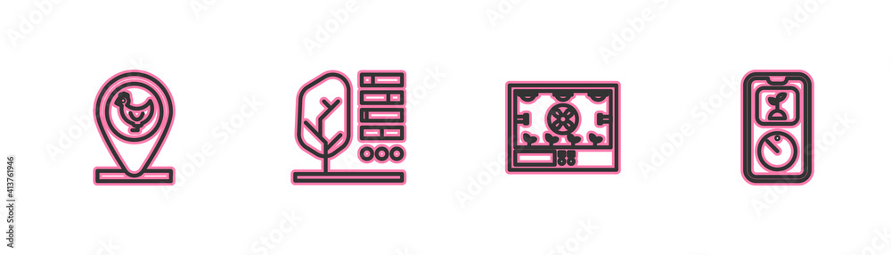 Set line Chicken farm and location, Smart farming technology, Plant status and icon. Vector. Set line Chicken farm and location, Smart farming technology, Plant status and icon. Vector.