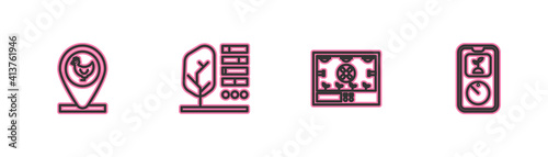 Set line Chicken farm and location, Smart farming technology, Plant status and icon. Vector.