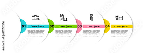 Set line Automatic irrigation sprinklers, Smart farming technology, Temperature and humidity sensor and Flower statistics. Business infographic template. Vector.
