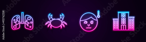Set line Lungs, Crab, High human body temperature and Medical hospital building. Glowing neon icon. Vector.