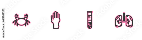 Set line Crab, Test tube and flask, Hand with psoriasis or eczema and Lungs icon. Vector.