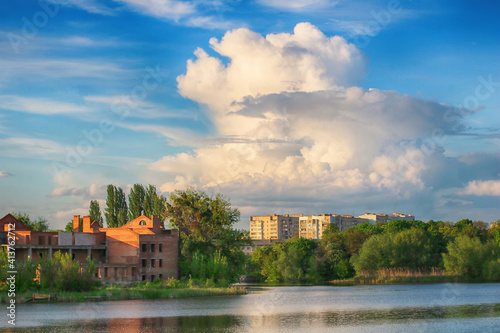 View of Southern Buh river and beautiful sky with clouds, Vinnytsia, Ukraine