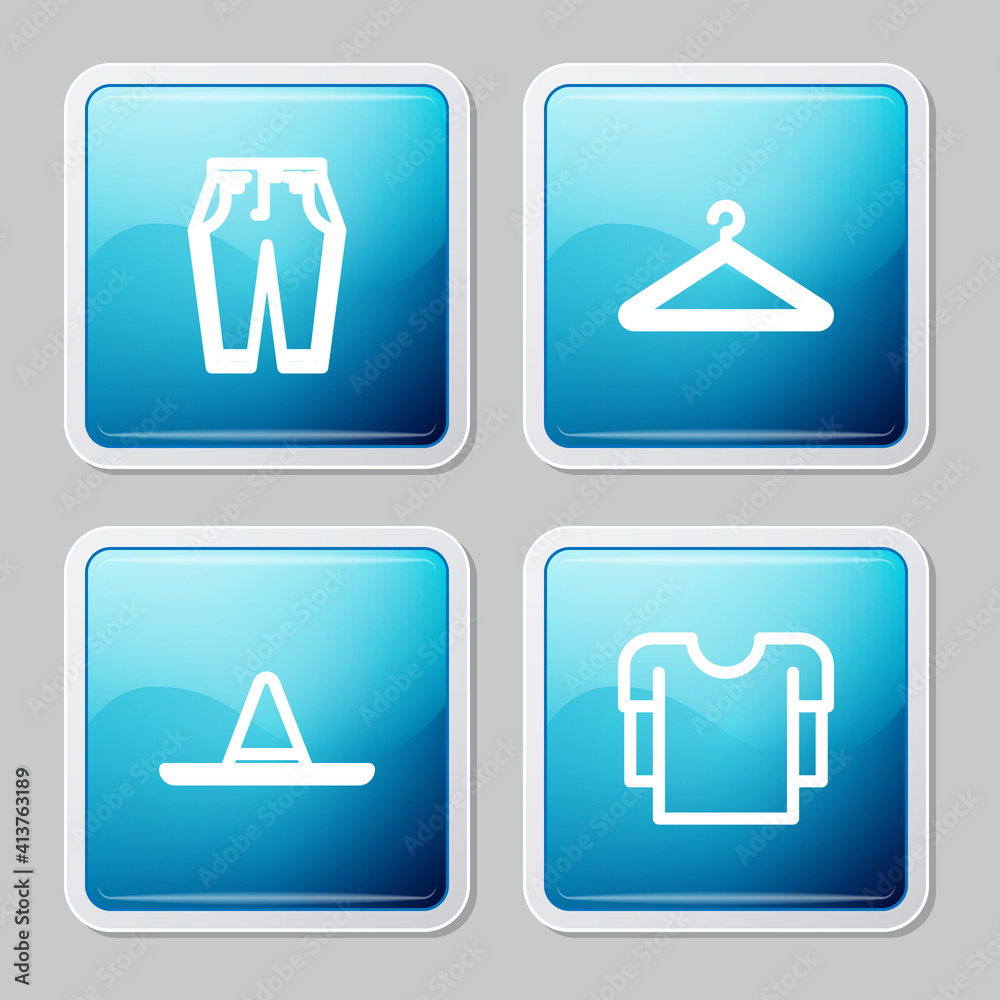 Set line Pants, Hanger wardrobe, Gardener worker hat and Long sleeve shirt icon. Vector. Set line Pants, Hanger wardrobe, Gardener worker hat and Long sleeve shirt icon. Vector.