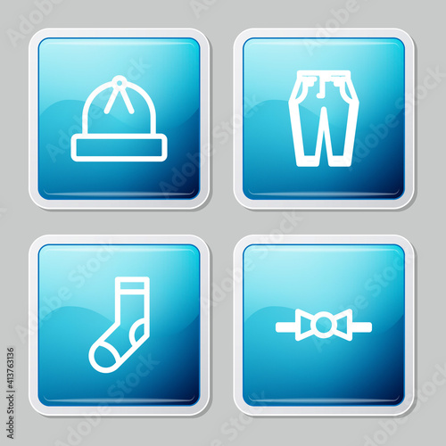 Set line Winter hat  Pants  Socks and Bow tie icon. Vector.