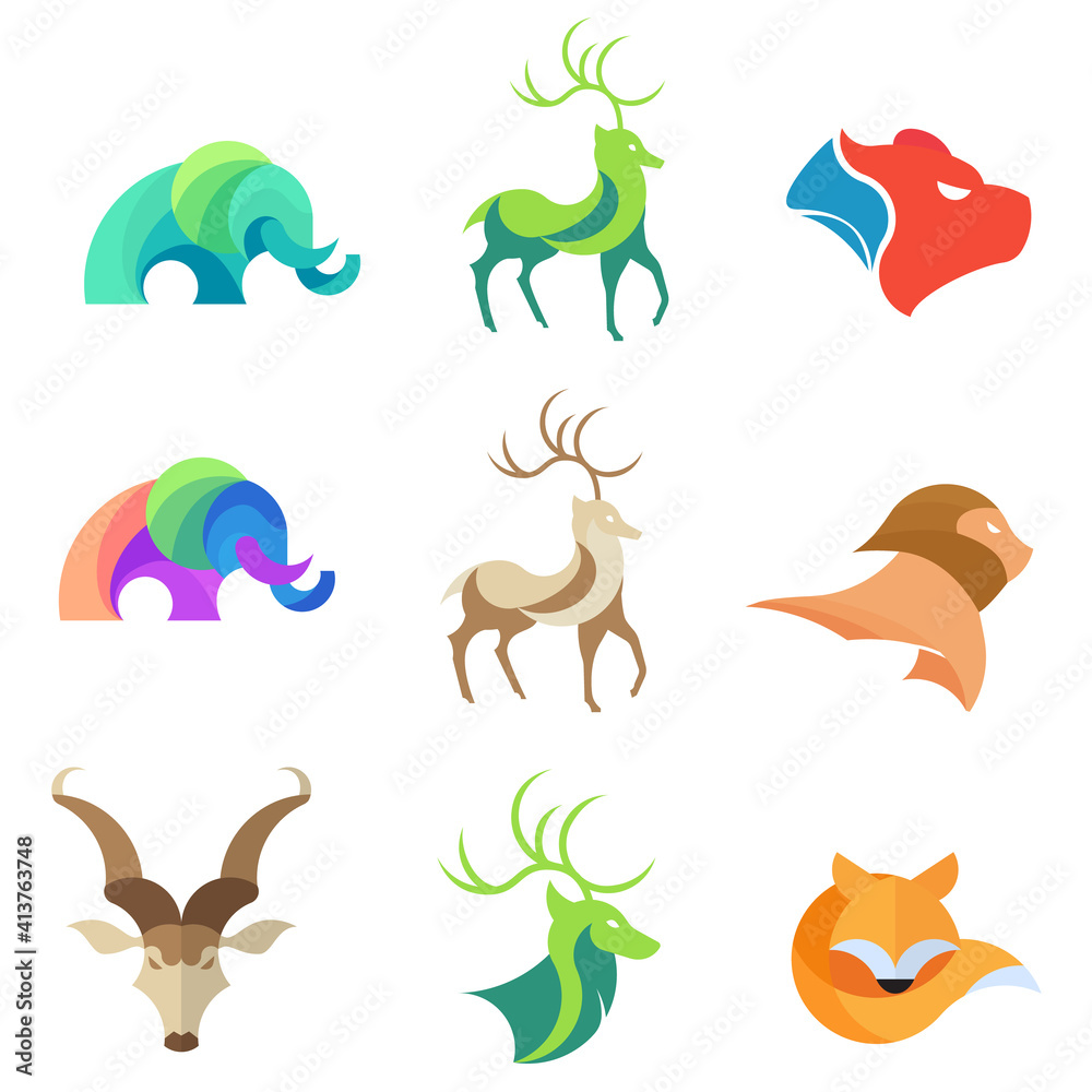 Animals Vector Icon Set. elephant, fox, lion, deer, bear, kudu. Isolated on white background.