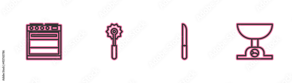 Set line Oven, Knife, Pizza knife and Electronic scales icon. Vector. Set line Oven, Knife, Pizza knife and Electronic scales icon. Vector.