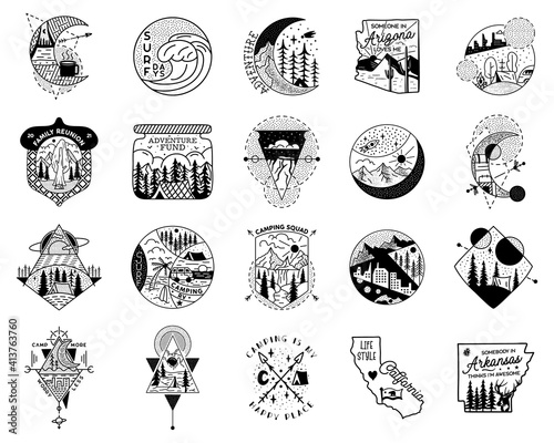 Camping adventure badge designs big bundle. Outdoor crest logos with tents and trees. Travel silhouette labels isolated. Sacred geometry. Stock vector tattoo graphics emblems