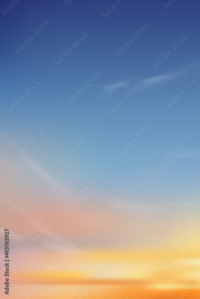 Colouful sky, Sunset sky in evening with orange, purple and blue, Dramatic twilight landscape with morning sky,Vector mesh vertical banner of sunrise for Spring or Summer background