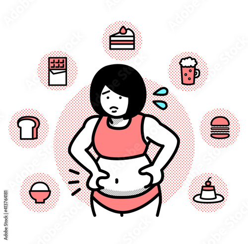 太ってしまった事を気にする女性のイラスト