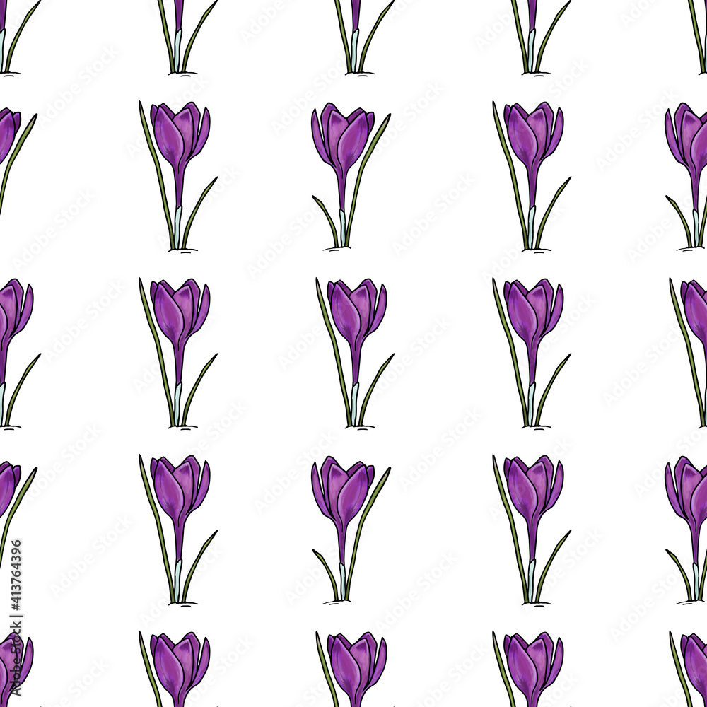 Seamless pattern with crocus illustration on white background, great design for any purposes. Greeting minimalistic card design. Art element. Summer, spring background. textile and fabric