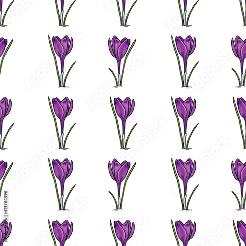 Seamless pattern with crocus illustration on white background  great design for any purposes. Greeting minimalistic card design. Art element. Summer  spring background. textile and fabric