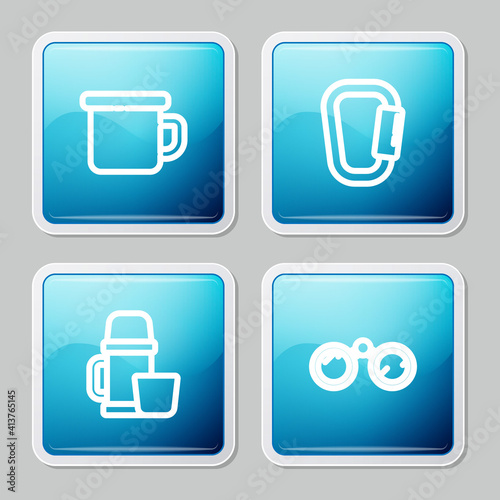 Set line Camping metal mug, Carabiner, Thermos container and cup and Binoculars icon. Vector.