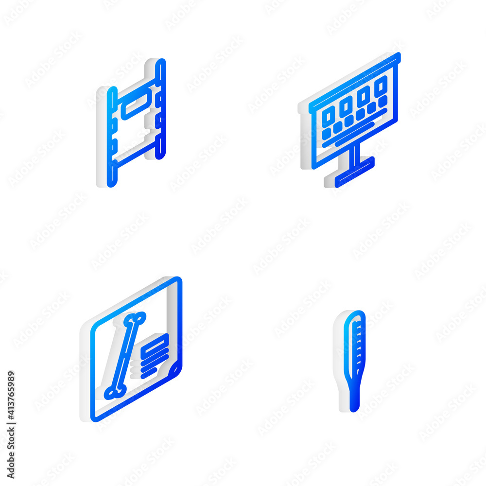 Set Isometric line Eye test chart, Stretcher, X-ray shots and Medical thermometer icon. Vector. Set Isometric line Eye test chart, Stretcher, X-ray shots and Medical thermometer icon. Vector.