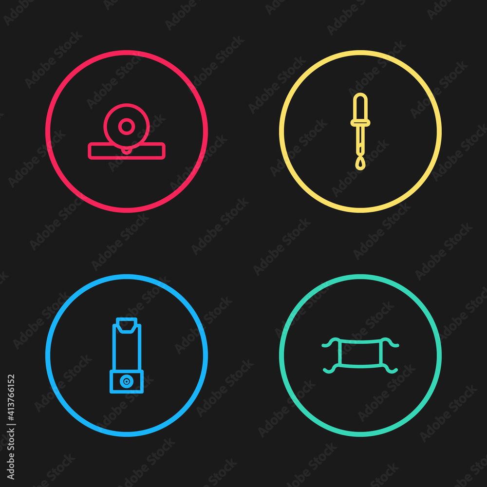Set line Inhaler, Medical protective mask, Pipette and Otolaryngological head reflector icon. Vector. Set line Inhaler, Medical protective mask, Pipette and Otolaryngological head reflector icon. Vector.