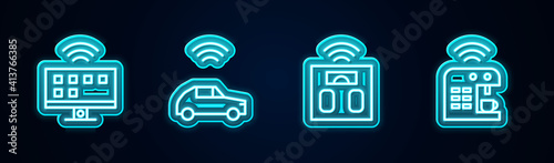 Set line Smart Tv system, car with wireless, bathroom scales and coffee machine. Glowing neon icon. Vector.