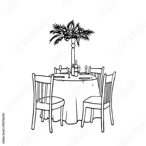 Beautiful round table for four persons - vector illustration in sketch style. Hand Drawn Line Drawing Trace Doodle - Wedding Table Waiting for Guests (No People)