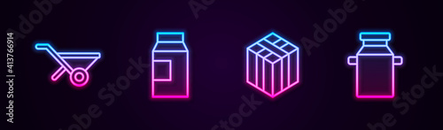 Set line Wheelbarrow, Paper package for milk, Bale of hay and Can container. Glowing neon icon. Vector.