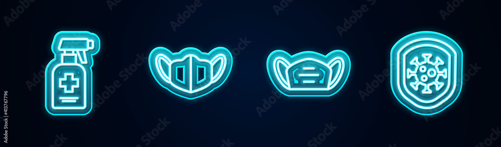 Set line Liquid antibacterial soap, Medical protective mask, and Shield protecting from virus. Glowing neon icon. Vector. Set line Liquid antibacterial soap, Medical protective mask, and Shield protecting from virus. Glowing neon icon. Vector.