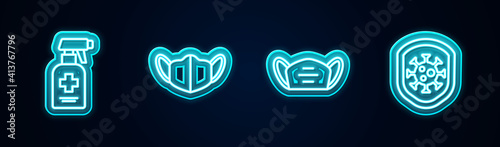 Set line Liquid antibacterial soap, Medical protective mask, and Shield protecting from virus. Glowing neon icon. Vector.