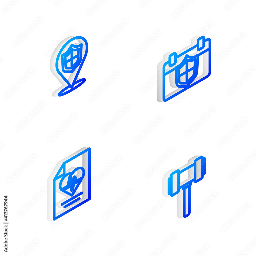 Set Isometric line Calendar with shield, Location, Health insurance and Judge gavel icon. Vector. Set Isometric line Calendar with shield, Location, Health insurance and Judge gavel icon. Vector.