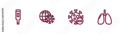 Set line Medical thermometer, Negative virus, Earth globe with and Lungs icon. Vector.