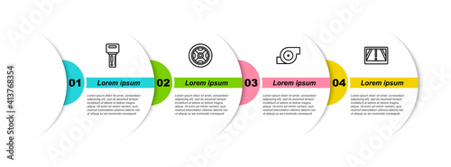 Set line Car key with remote, wheel, Automotive turbocharger and Gps device map. Business infographic template. Vector.