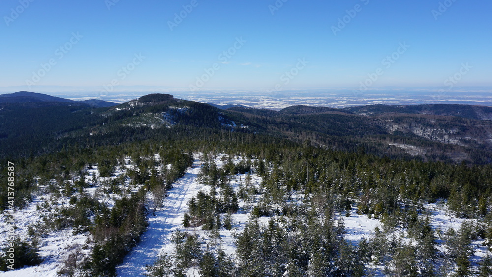 the view from the top of the Friedrichsturm on the Badener Hoehe in the Nordschwarzwald (Northern Black Forest) close to Baden-Baden in the region Baden-Wuerttemberg, Germany, in February