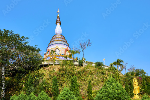 Spectacular Crystal Pagoda (Chedi Kaew) of Wat Tha Ton (Phra Aram Luang) is a famous Buddhist complex in the north of Thailand. Mae Ai district, Chiang Mai province