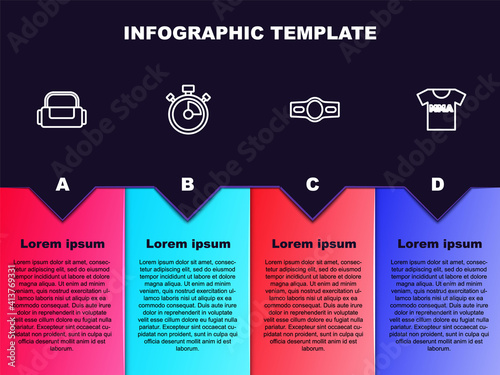 Set line Sport bag, Stopwatch, Boxing belt and T-shirt with fight club MMA. Business infographic template. Vector.