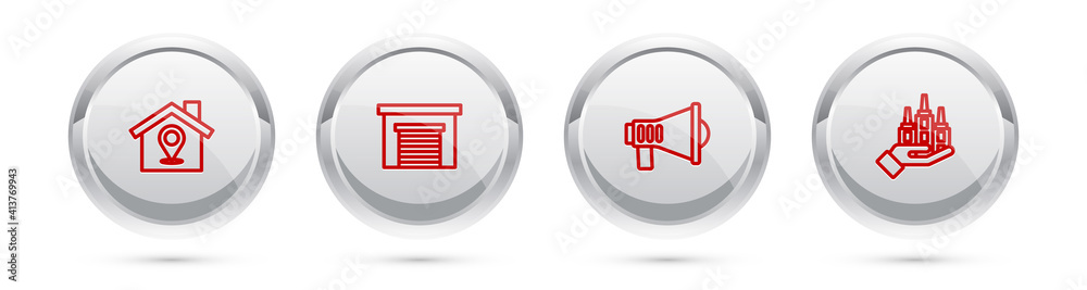 Set line Location with house, Garage, Megaphone and Skyscraper. Silver circle button. Vector. Set line Location with house, Garage, Megaphone and Skyscraper. Silver circle button. Vector.