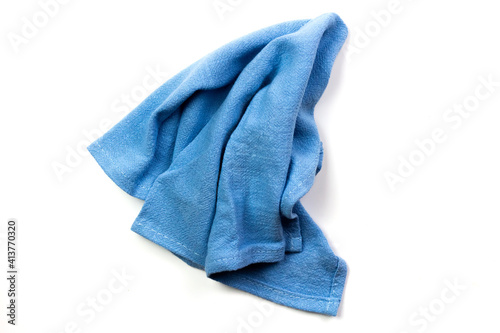 Cotton linen tablecloth kitchen (napkin) blue color isolated on white background.