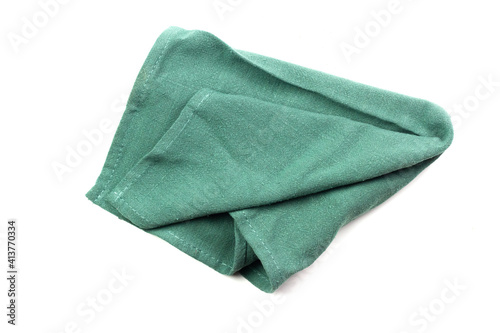 Cotton linen tablecloth kitchen (napkin) green color isolated on white background.