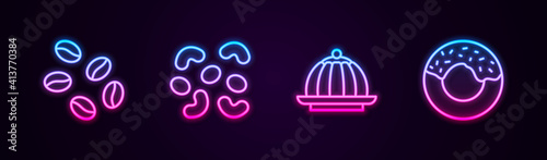 Set line Coffee beans, Jelly candy, Pudding custard and Donut. Glowing neon icon. Vector.