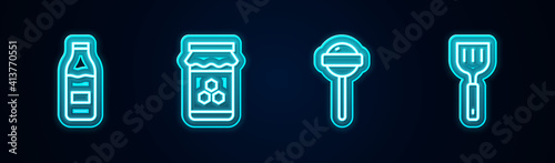 Set line Bottle with milk, Jar of honey, Lollipop and Spatula. Glowing neon icon. Vector.