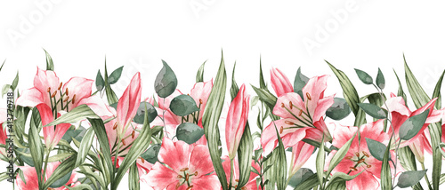 Spring background with pink lilies and green foliage. Delicate hand-drawn watercolor illustration. Great for brochures, wallpapers, prints, brochures, cards, decor, designs, and more.
